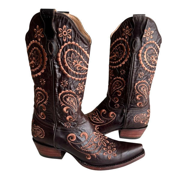 Western Embroidered Cowgirl Boots Snip Toe Leather Ringers Brown Boots Women’s - Picture 1 of 17